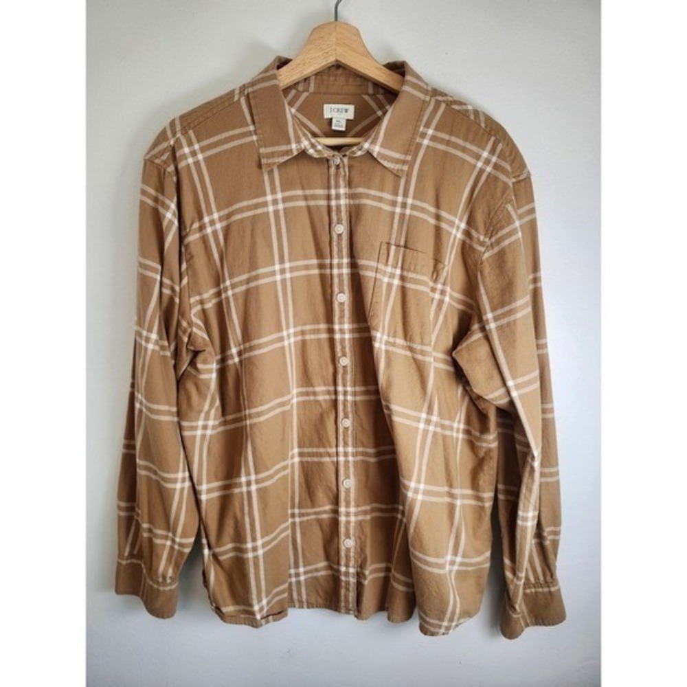 J.Crew Plaid Button Front Shirt XL Tan Beige Long Sleeve Casual Cotton Blend - Picture 2 of 9